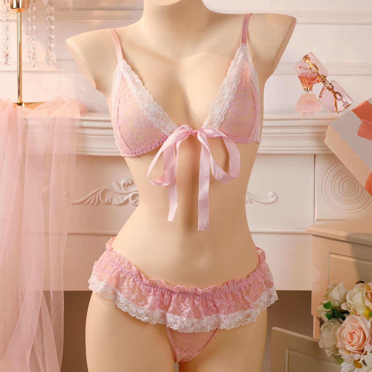 Image of New European and American erotic lingerie lace sexy thong set bow erotic pajamas couple fun lingerie